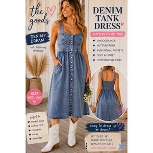 Denim Button Front Midi Dress Smocked Back Pockets Cottagecore Y2k Coquette